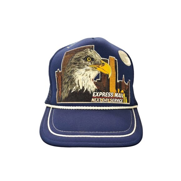 Vintage USPS Trucker Hat Express Mail Eagle Blue Mesh Snapback Rope Twin Towers - Picture 2 of 13